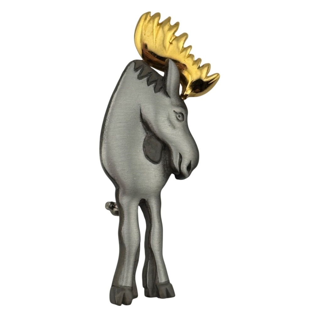 Shields Signed Moose Brooch Pewter Gold Tone Metal Animal Figural Pin